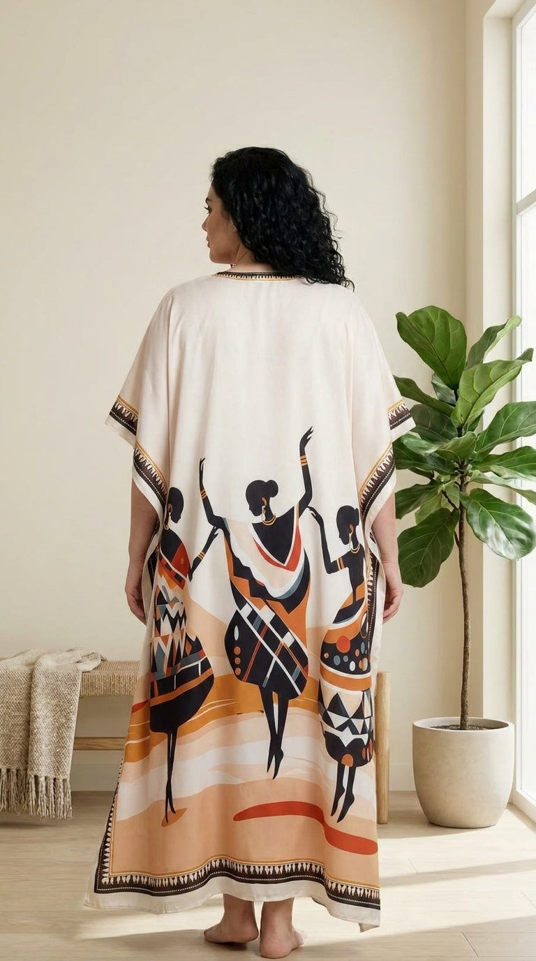 GypsieBlu Ivory Black Polyester Plus Size Kaftan for Women Moo Moo Dress 1X-3X Tribal Print