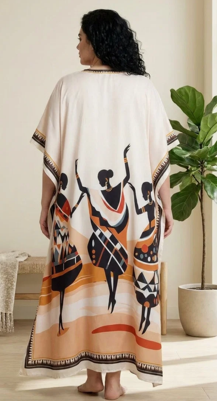 GypsieBlu Ivory Black Polyester Plus Size Kaftan for Women Moo Moo Dress 1X-3X Tribal Print