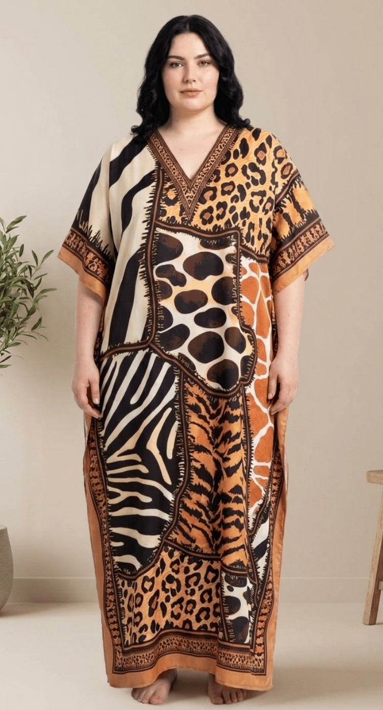 GypsieBlu Camel Black Polyester Plus Size Kaftan for Women Muu Muu Dress 1X-3X Animal Print