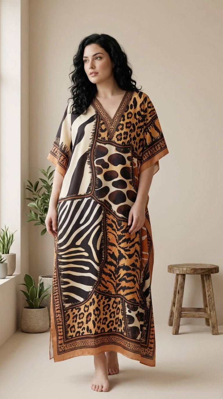 Camel and black animal patchwork plus size kaftan with giraffe, zebra and leopard print panels — another angle