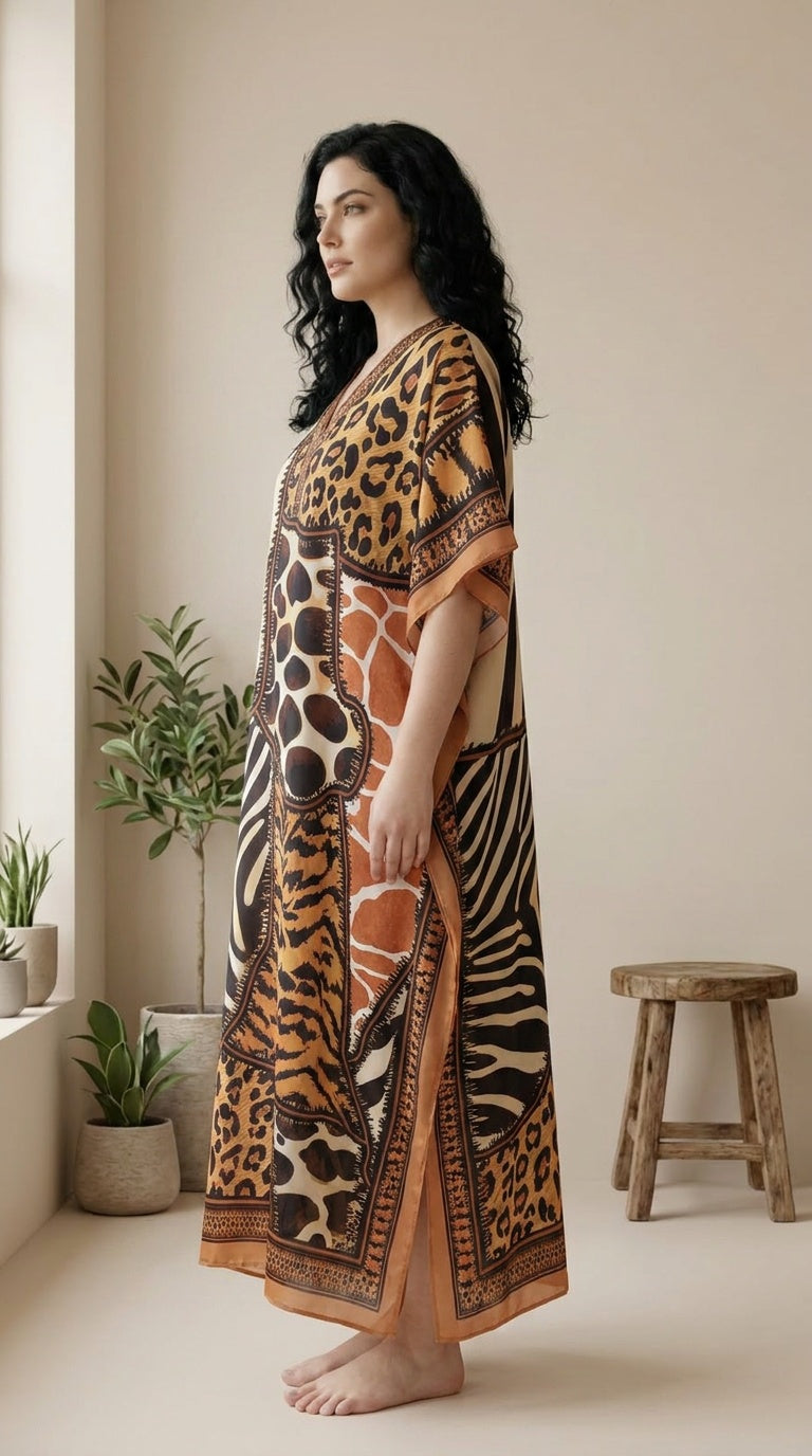 Camel and black animal patchwork plus size kaftan with giraffe, zebra and leopard print panels — further product view