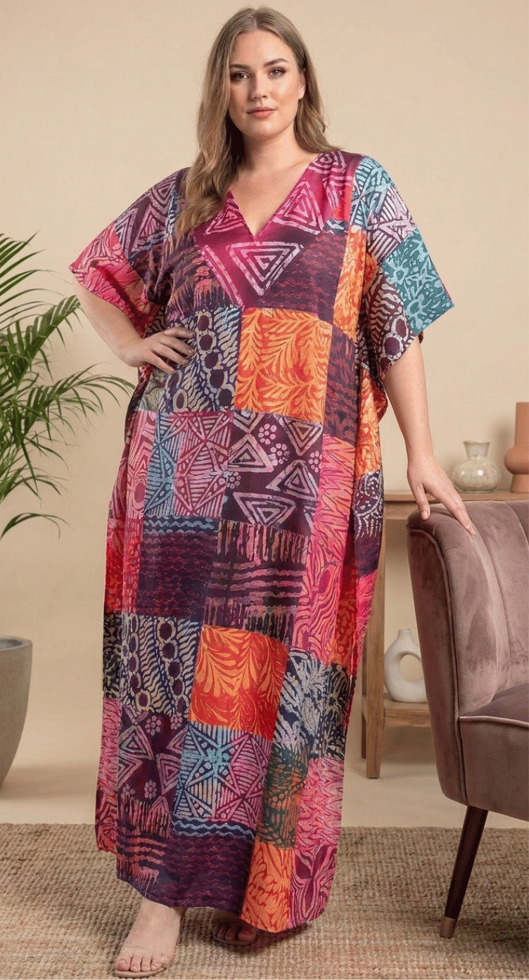GypsieBlu Purple Polyester Plus Size Kaftan for Women Kimono Sleeves 1X-3X Geometric Print
