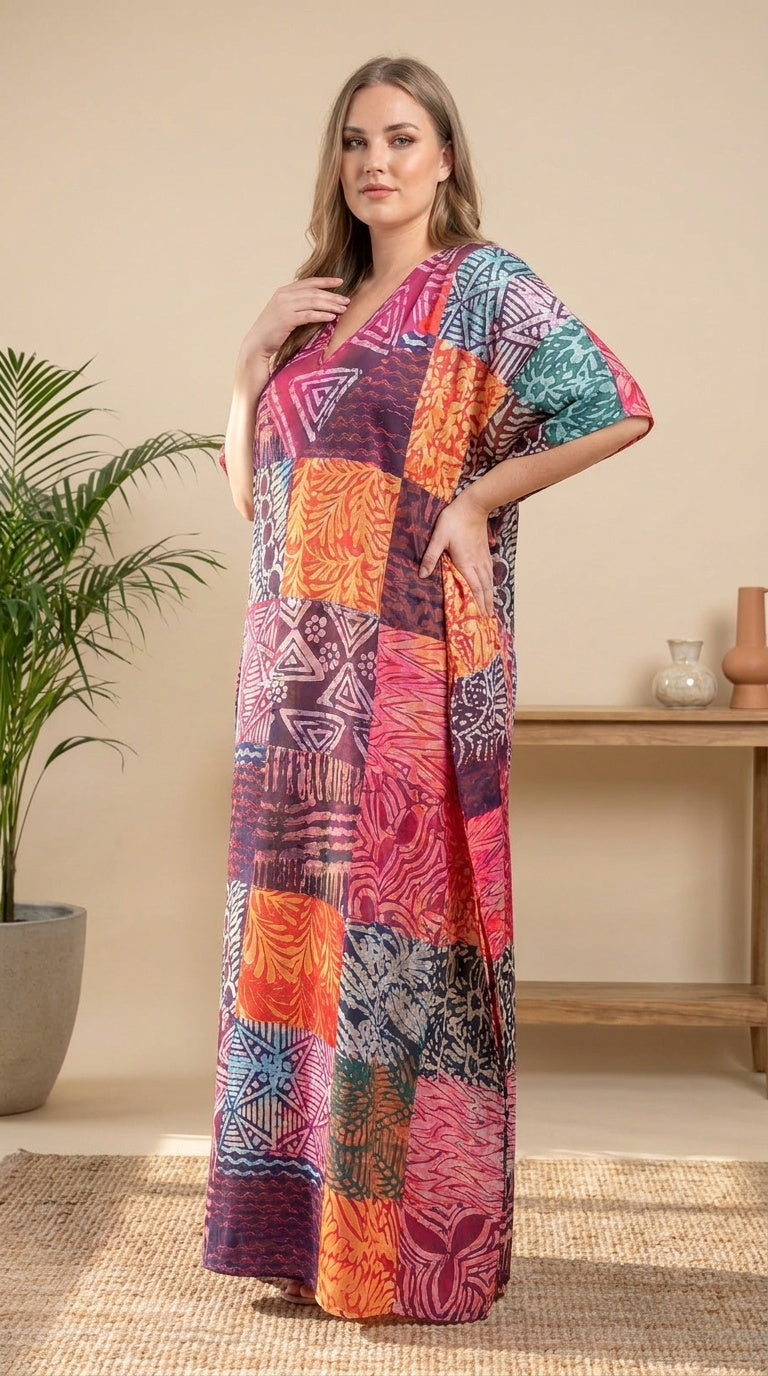 GypsieBlu Purple Polyester Plus Size Kaftan for Women Kimono Sleeves 1X-3X Geometric Print