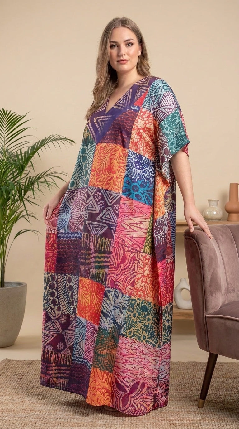 GypsieBlu Purple Polyester Plus Size Kaftan for Women V-Neck 1X-3X Geometric Print