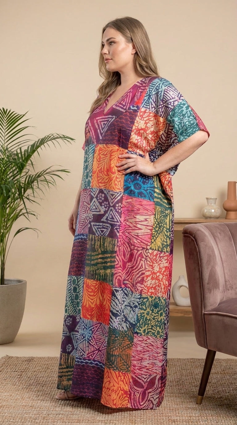 GypsieBlu Purple Polyester Plus Size Kaftan for Women V-Neck 1X-3X Geometric Print