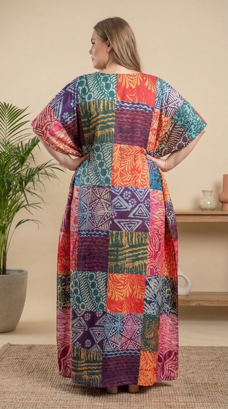 GypsieBlu Purple Polyester Plus Size Kaftan for Women V-Neck 1X-3X Geometric Print