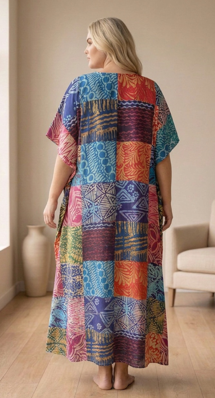 GypsieBlu Blue Polyester Plus Size Kaftan for Women 1X-3X Geometric Print