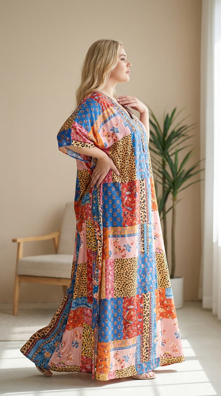 GypsieBlu Blue Polyester Plus Size Kaftan for Women 1X-3X Geometric Print