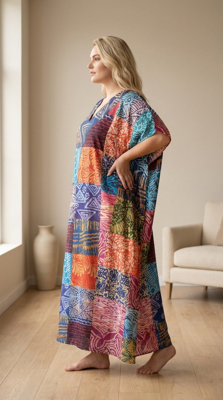 GypsieBlu Blue Polyester Plus Size Kaftan for Women 1X-3X Geometric Print