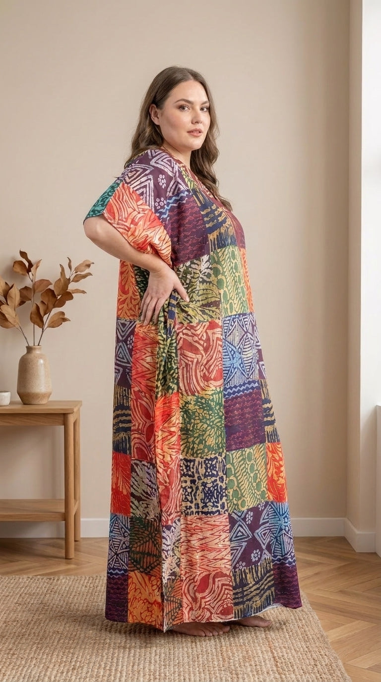 GypsieBlu Multicolor Polyester Plus Size Kaftan for Women Kimono Sleeves 1X-3X Geometric Print