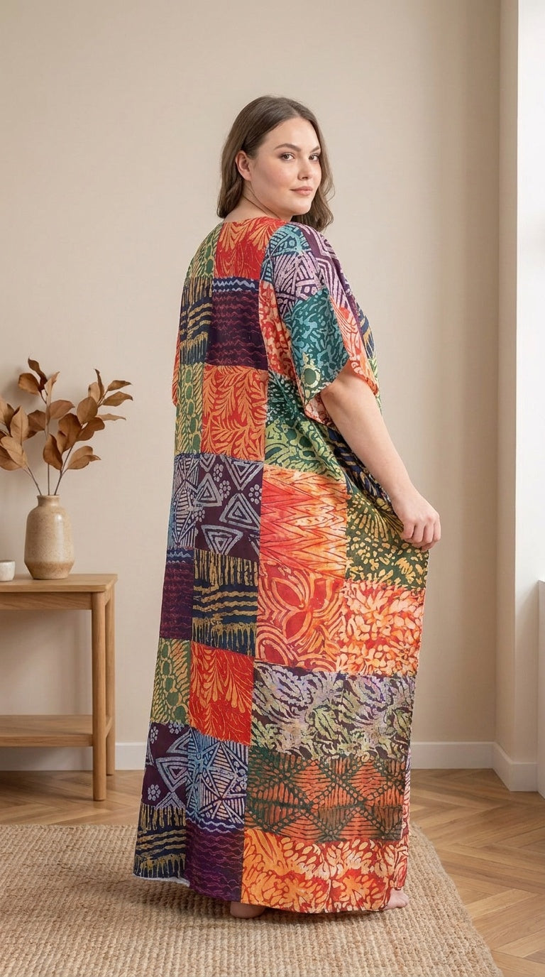 GypsieBlu Multicolor Polyester Plus Size Kaftan for Women Kimono Sleeves 1X-3X Geometric Print