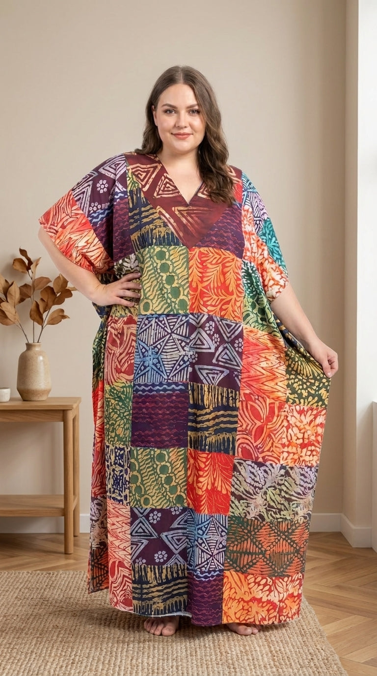 GypsieBlu Multicolor Polyester Plus Size Kaftan for Women Kimono Sleeves 1X-3X Geometric Print