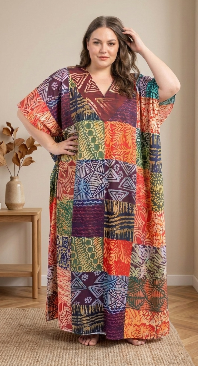 GypsieBlu Multicolor Polyester Plus Size Kaftan for Women Kimono Sleeves 1X-3X Geometric Print