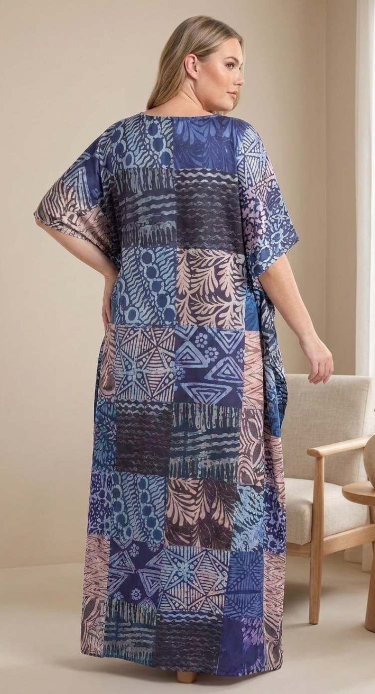 GypsieBlu Navy Blue Polyester Plus Size Kaftan for Women V-Neck 1X-3X Geometric Print