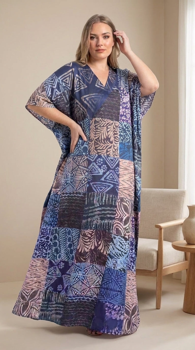 GypsieBlu Navy Blue Polyester Plus Size Kaftan for Women V-Neck 1X-3X Geometric Print