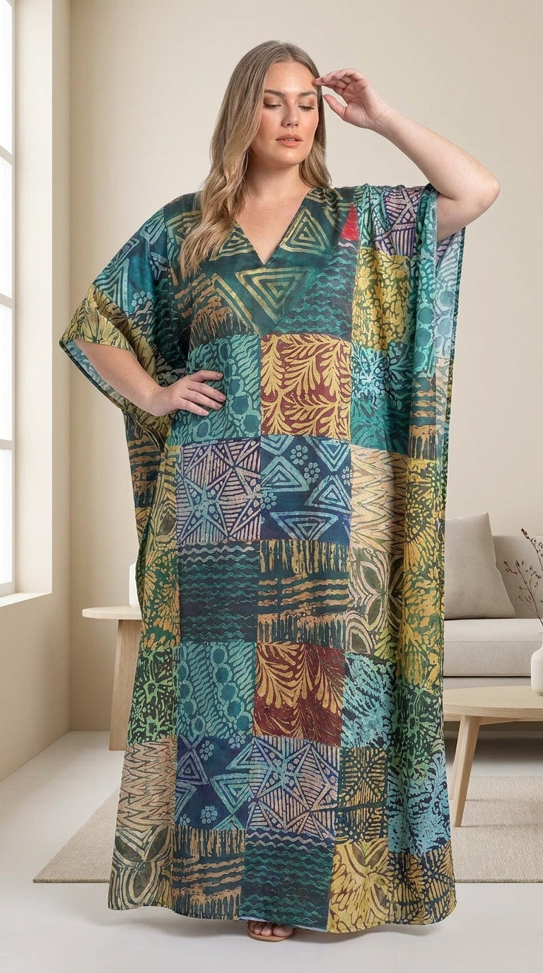 GypsieBlu Teal Polyester Plus Size Kaftan for Women Moo Moo Dress 1X-3X Geometric Print