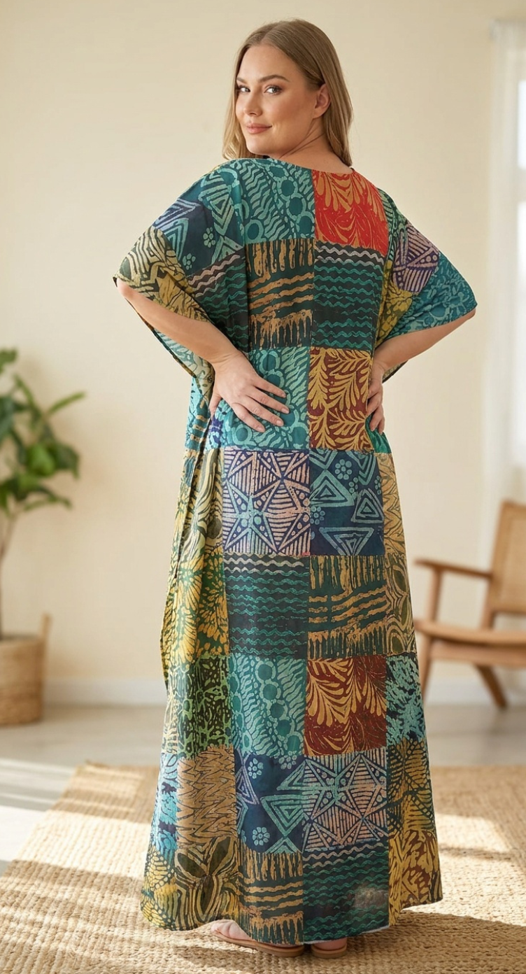 GypsieBlu Teal Polyester Plus Size Kaftan for Women Moo Moo Dress 1X-3X Geometric Print