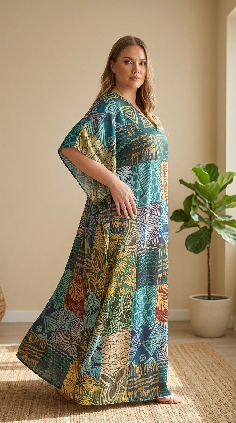 GypsieBlu Teal Polyester Plus Size Kaftan for Women Moo Moo Dress 1X-3X Geometric Print