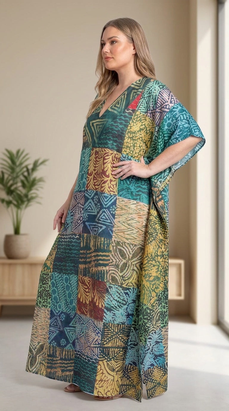GypsieBlu Teal Polyester Plus Size Kaftan for Women Moo Moo Dress 1X-3X Geometric Print