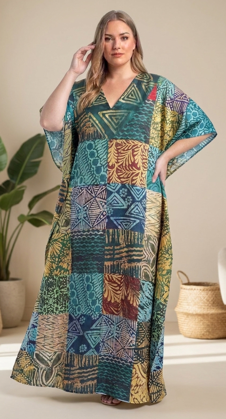 GypsieBlu Teal Polyester Plus Size Kaftan for Women Moo Moo Dress 1X-3X Geometric Print