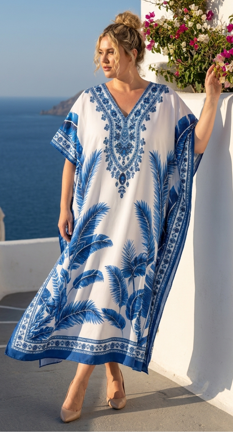 Dark Blue Tropical Polyester Plus Size Kaftan for Women 1X-3X | GypsieBlu
