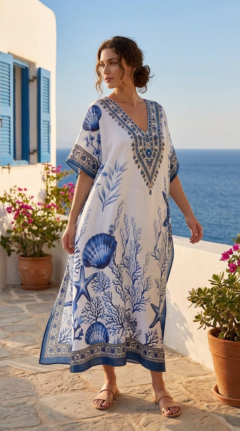 White Coastal Polyester Plus Size Kaftan for Women 1X-3X | GypsieBlu