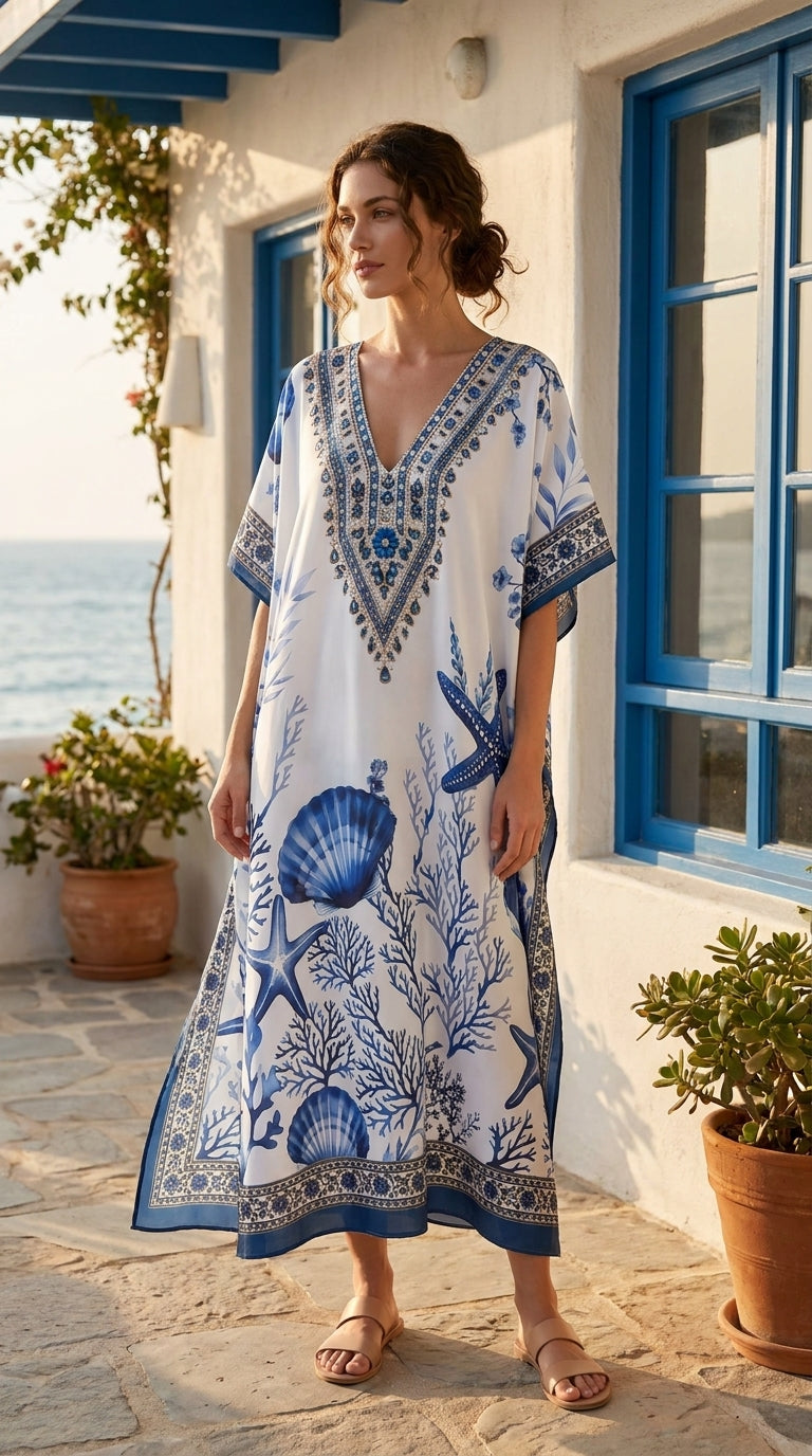 White Coastal Polyester Plus Size Kaftan for Women 1X-3X | GypsieBlu