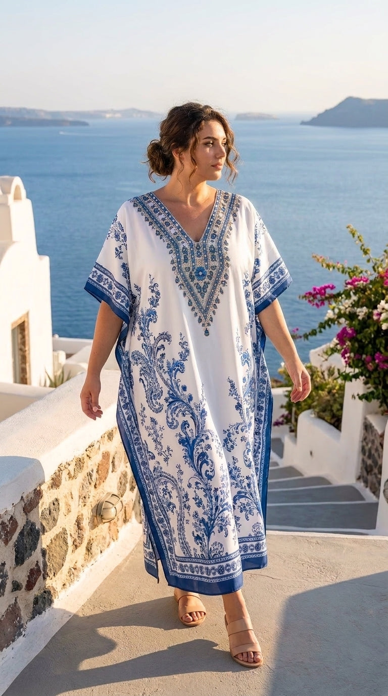 Light Blue Paisley Polyester Plus Size Kaftan for Women 1X-3X | GypsieBlu