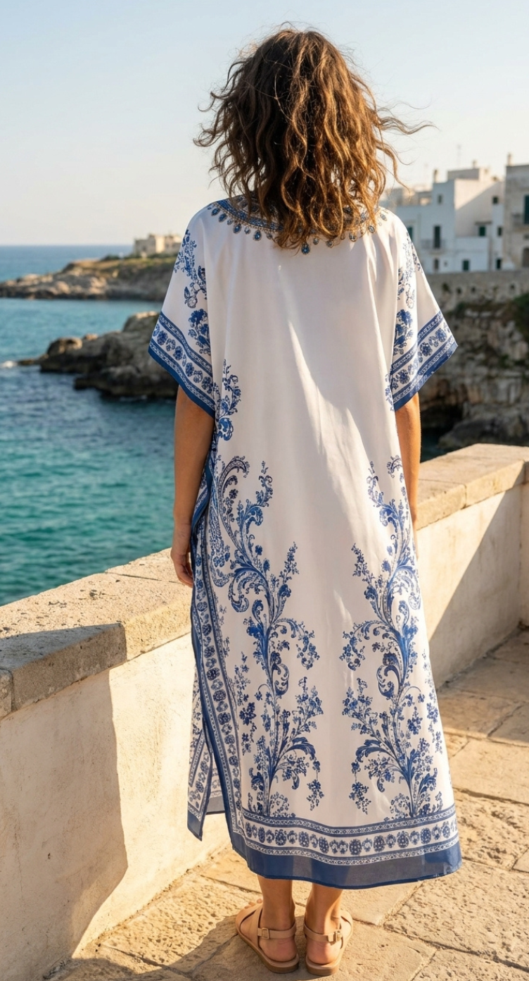 Light Blue Paisley Polyester Plus Size Kaftan for Women 1X-3X | GypsieBlu