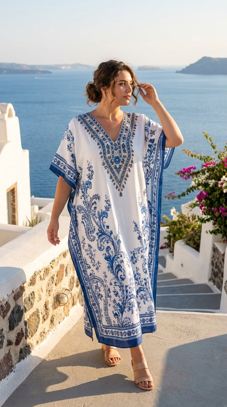 Light Blue Paisley Polyester Plus Size Kaftan for Women 1X-3X | GypsieBlu