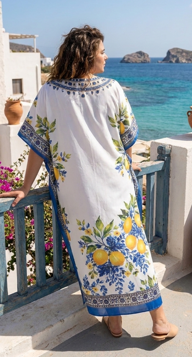 White Citrus Floral Polyester Plus Size Kaftan for Women 1X-3X | GypsieBlu