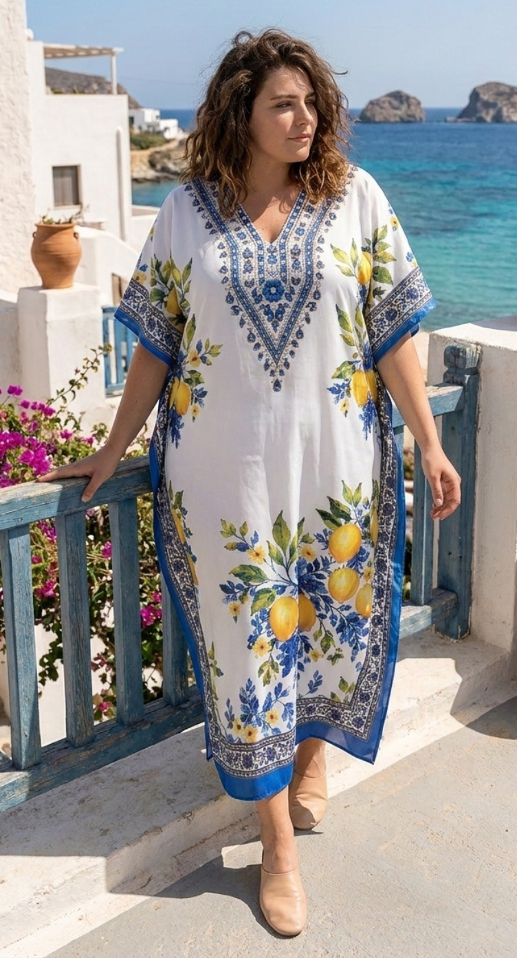 White Citrus Floral Polyester Plus Size Kaftan for Women 1X-3X | GypsieBlu