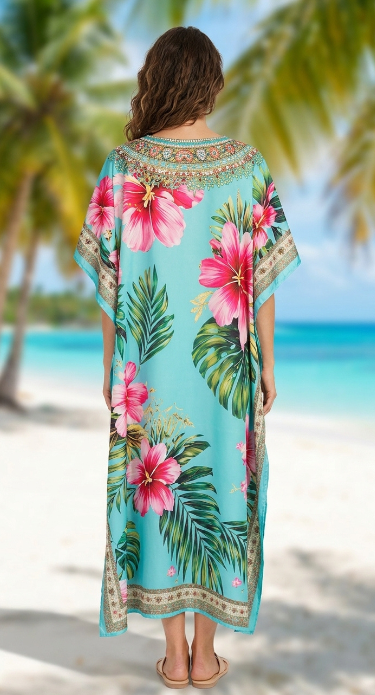 Aqua Blue Floral Polyester Plus Size Kaftan for Women 1X-3X | GypsieBlu