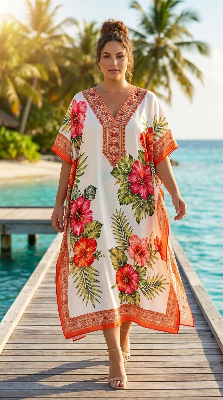 Coral Orange Tropical Polyester Plus Size Kaftan for Women 1X-3X | GypsieBlu