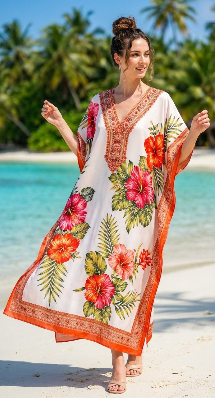 Coral Orange Tropical Polyester Plus Size Kaftan for Women 1X-3X | GypsieBlu