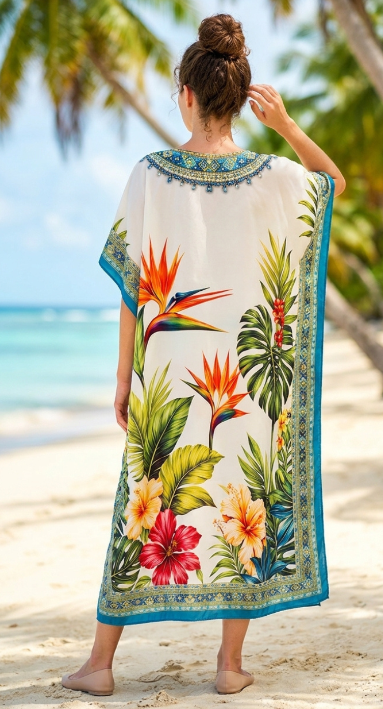 Teal Tropical Polyester Plus Size Kaftan for Women 1X-3X | GypsieBlu