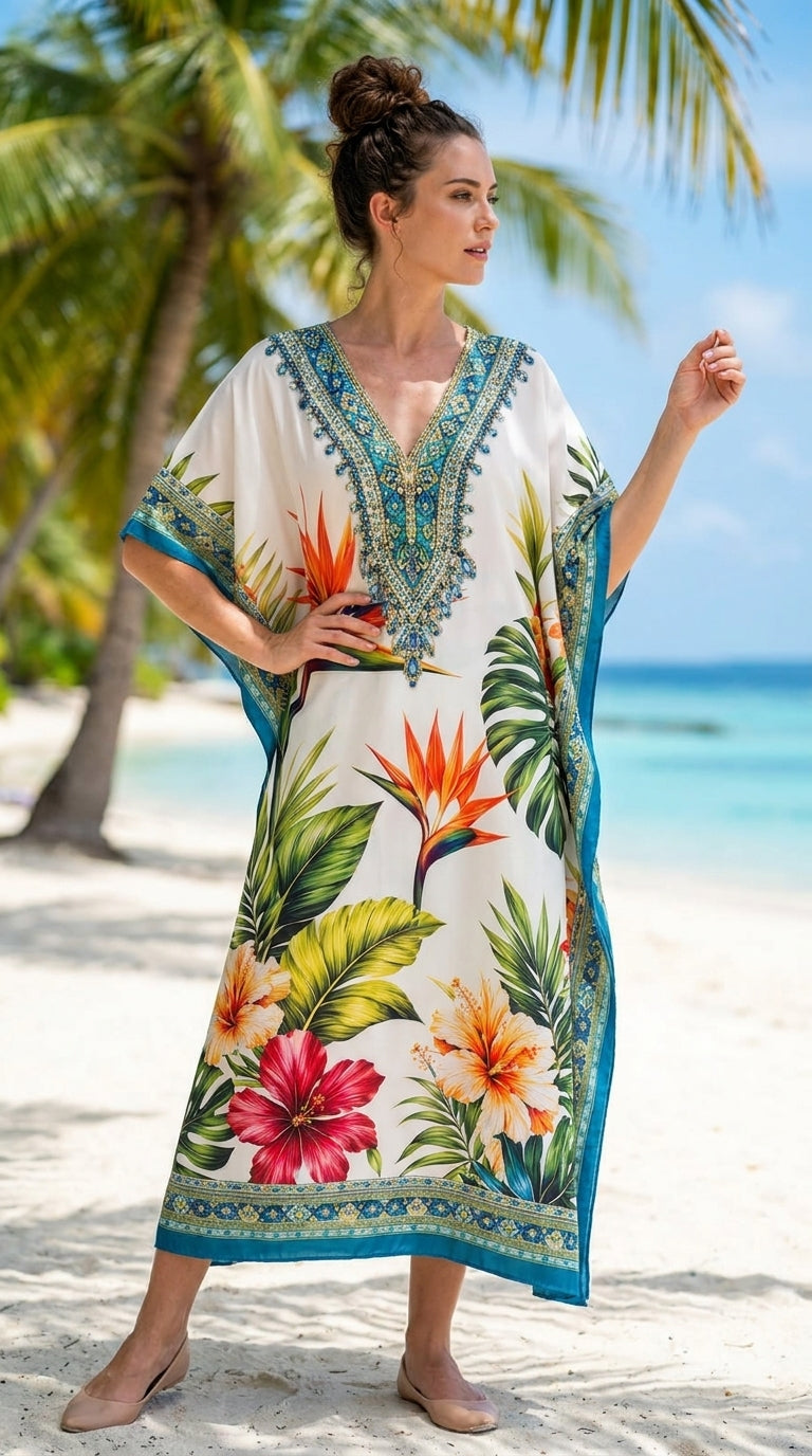 Teal Tropical Polyester Plus Size Kaftan for Women 1X-3X | GypsieBlu