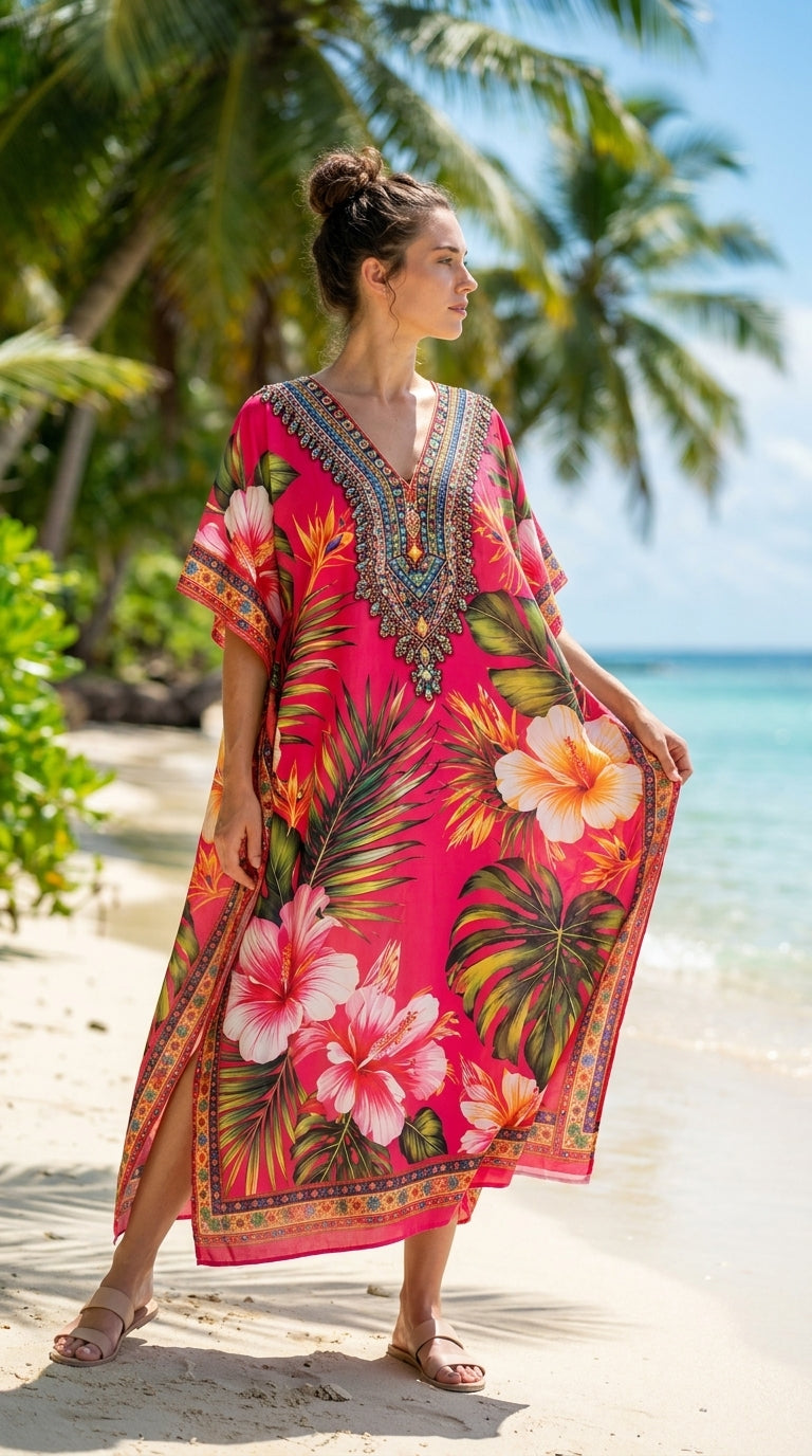 Bright Pink Floral Plus Size Kaftan for Women 1X-3X | GypsieBlu