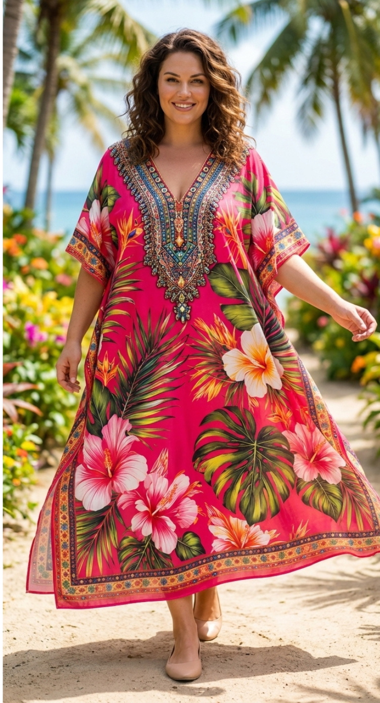 Bright Pink Floral Plus Size Kaftan for Women 1X-3X | GypsieBlu