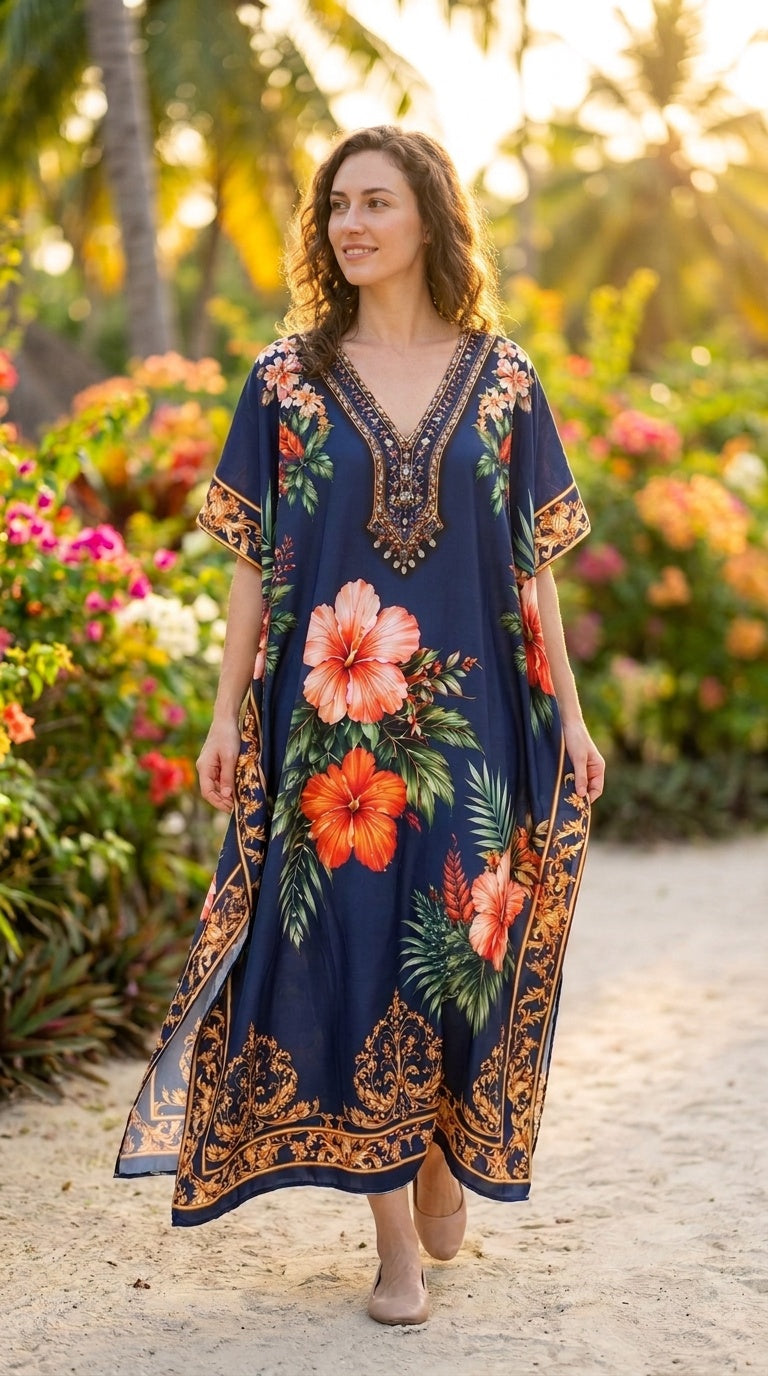 Navy Blue Tropical Plus Size Kaftan for Women 1X-3X | GypsieBlu