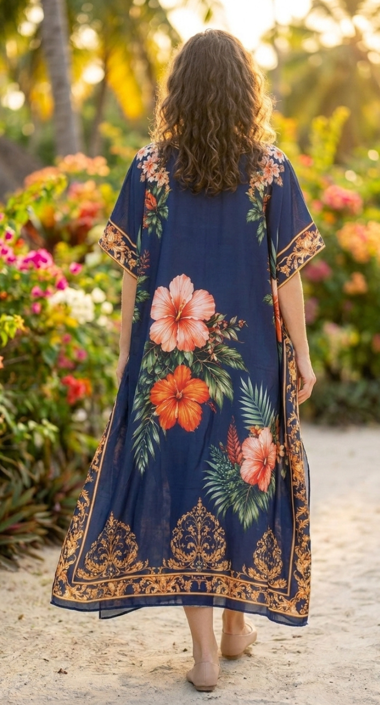 Navy Blue Tropical Plus Size Kaftan for Women 1X-3X | GypsieBlu