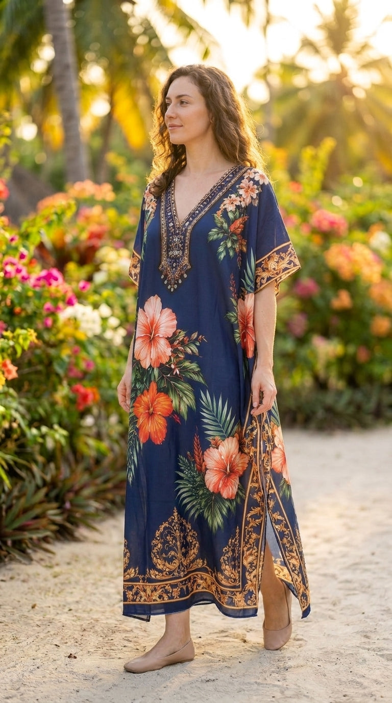 Navy Blue Tropical Plus Size Kaftan for Women 1X-3X | GypsieBlu