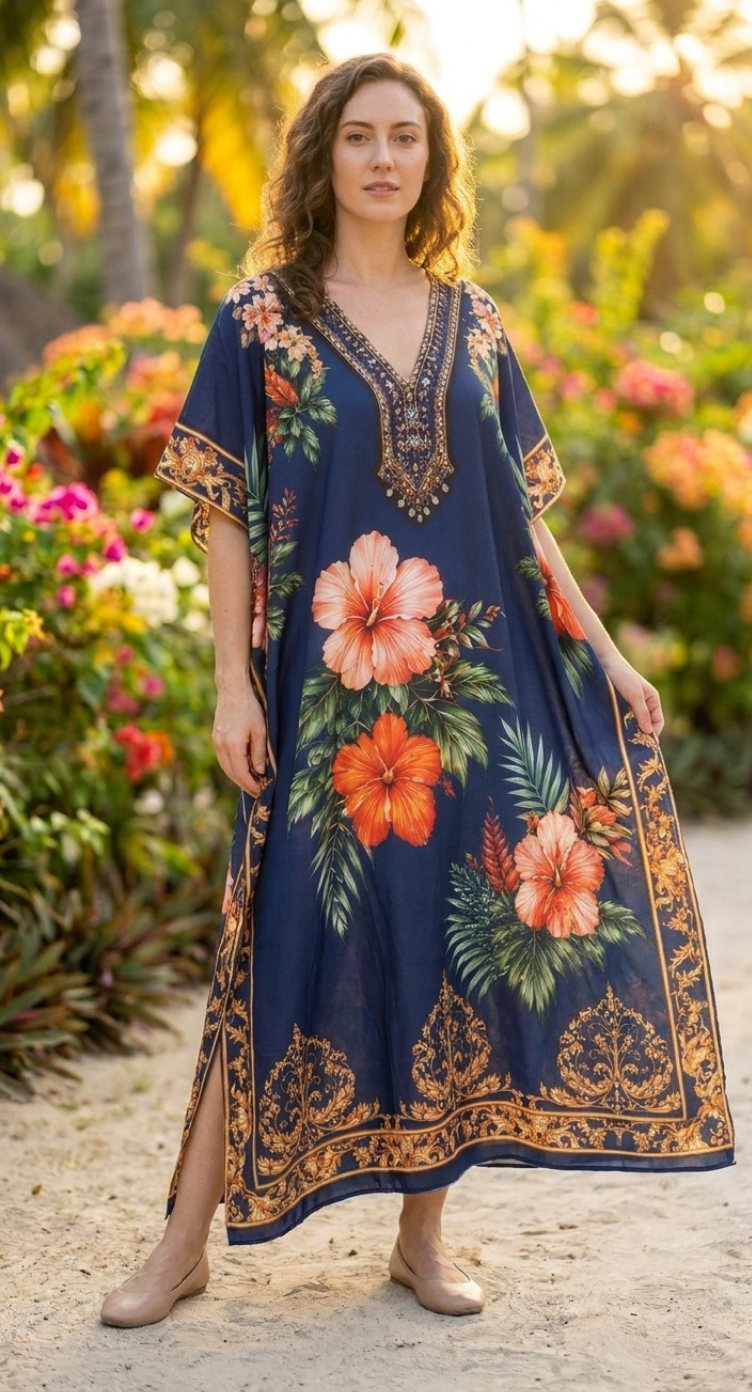 Navy Blue Tropical Plus Size Kaftan for Women 1X-3X | GypsieBlu