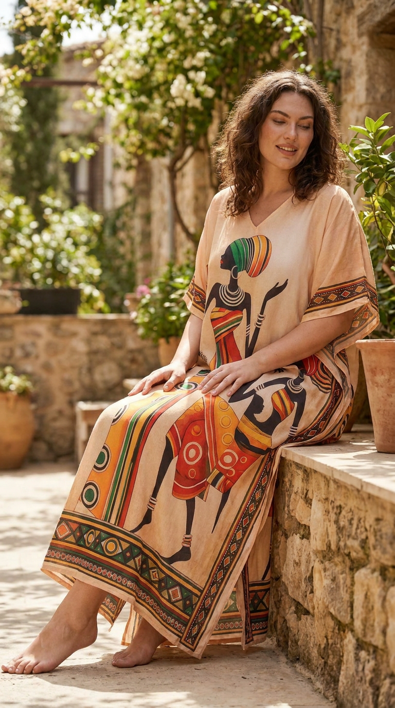 Beige African Print Plus Size Kaftan for Women 1X-3X | GypsieBlu