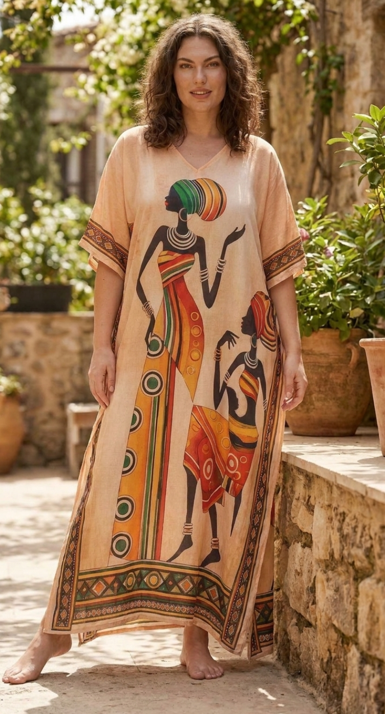 Beige African Print Plus Size Kaftan for Women 1X-3X | GypsieBlu