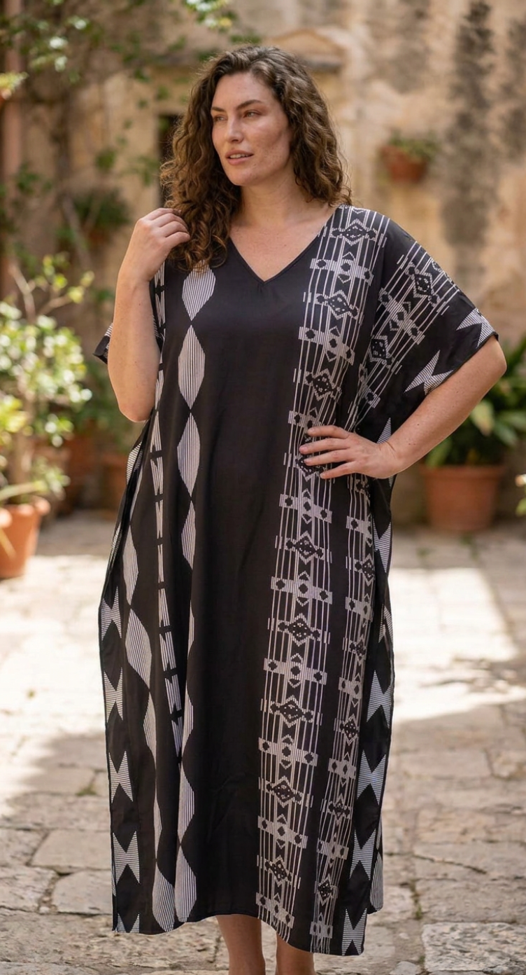 Black Geometric Plus Size Kaftan for Women 1X-3X | GypsieBlu