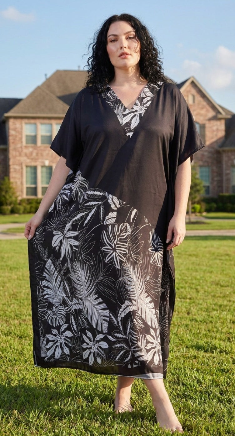 Black Tropical Plus Size Kaftan for Women — full-length view