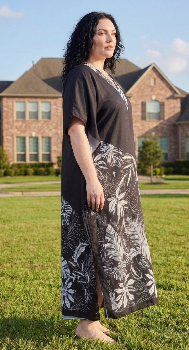 Black Tropical Plus Size Kaftan for Women — back view