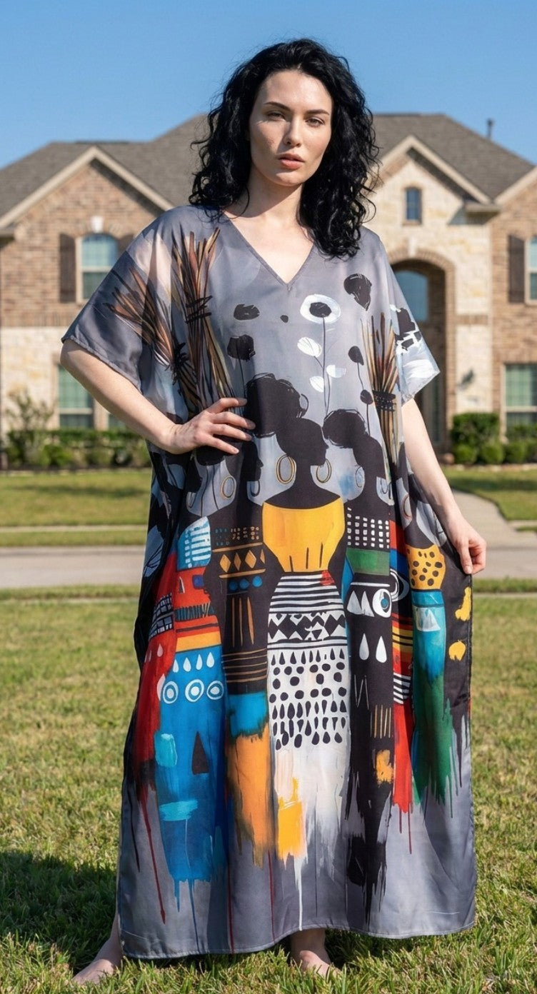 Gray Abstract Plus Size Kaftan for Women — full-length view