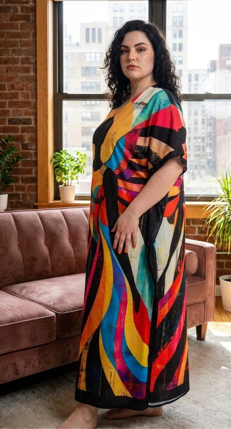 Multicolor Artistic Plus Size Kaftan for Women — full-length view